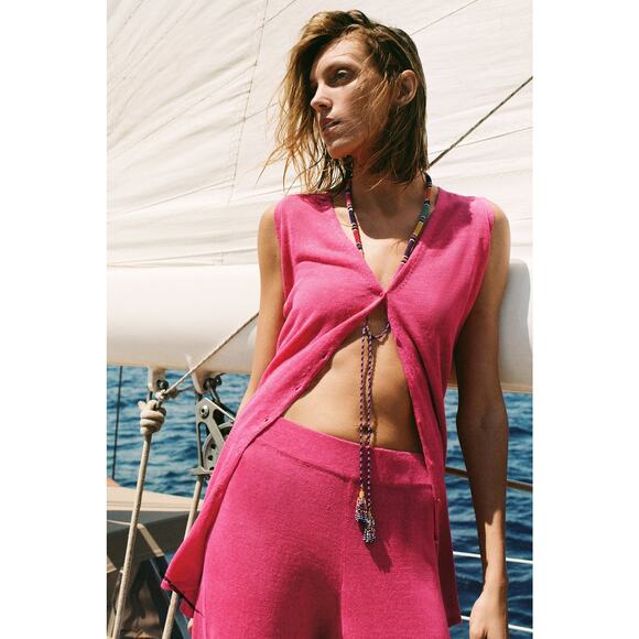 NWT Zara Linen Knit Waistcoat Short Sleeve Pink-Red Size: S